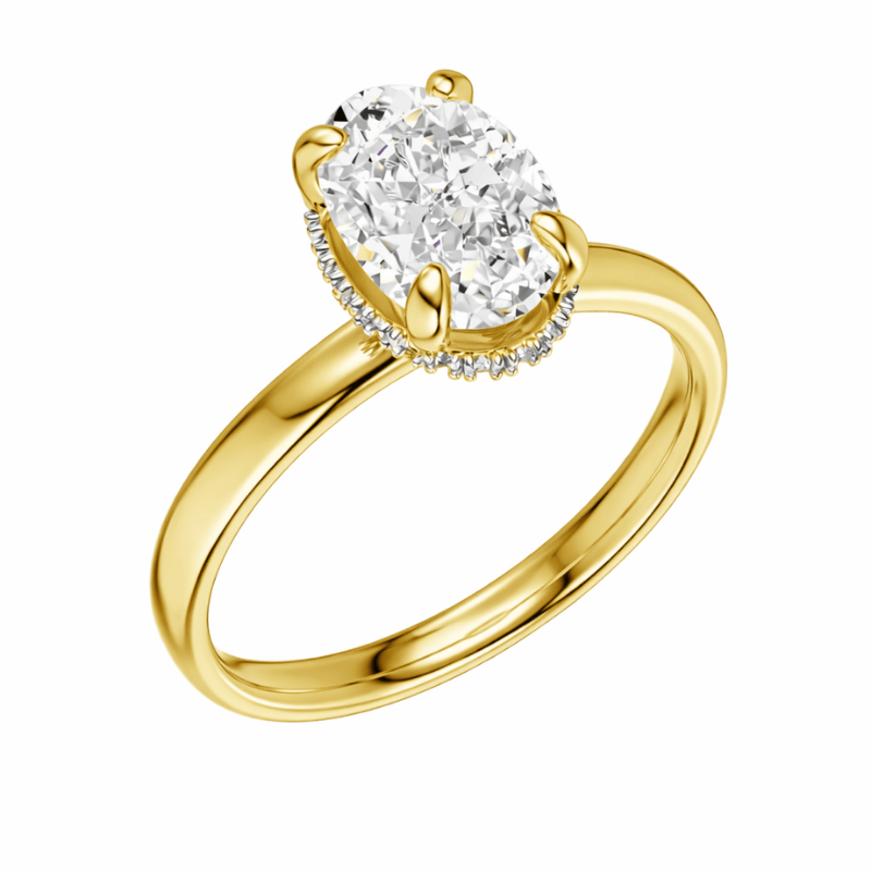 1.5 Ct Gold Oval Ring with hidden halo on white background
