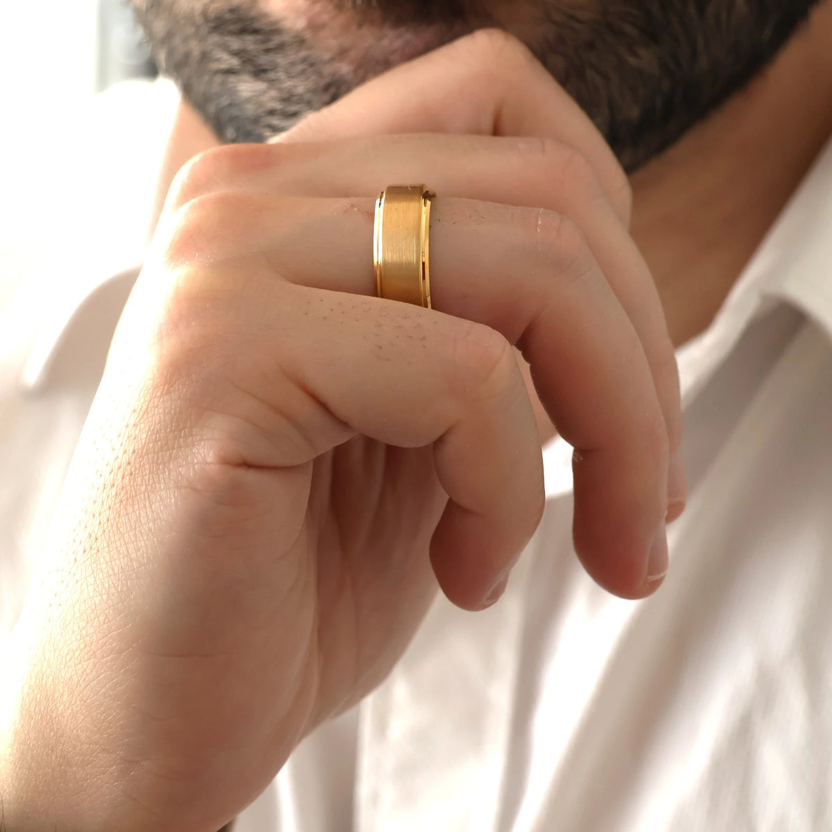 men's brushed gold tungsten wedding band in an 8mm width.