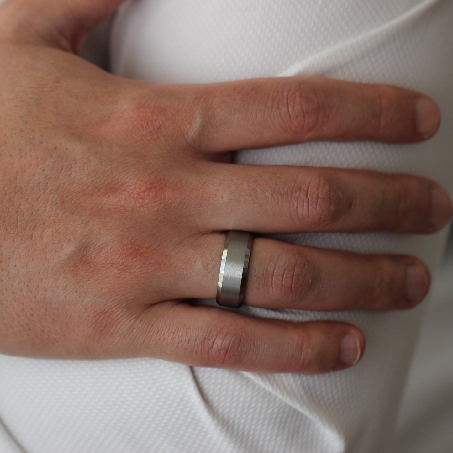 mens beveled edge brushed silver ring