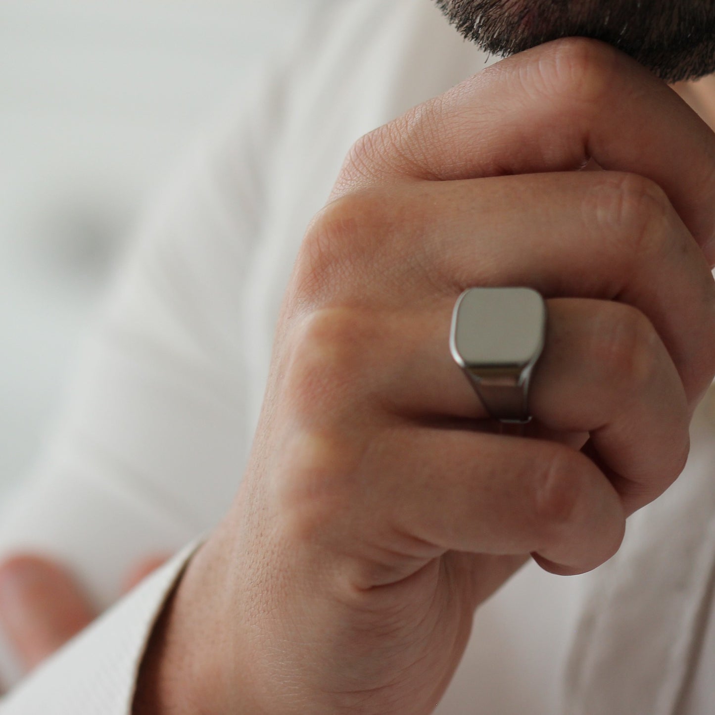 close up of mens silver signet ring