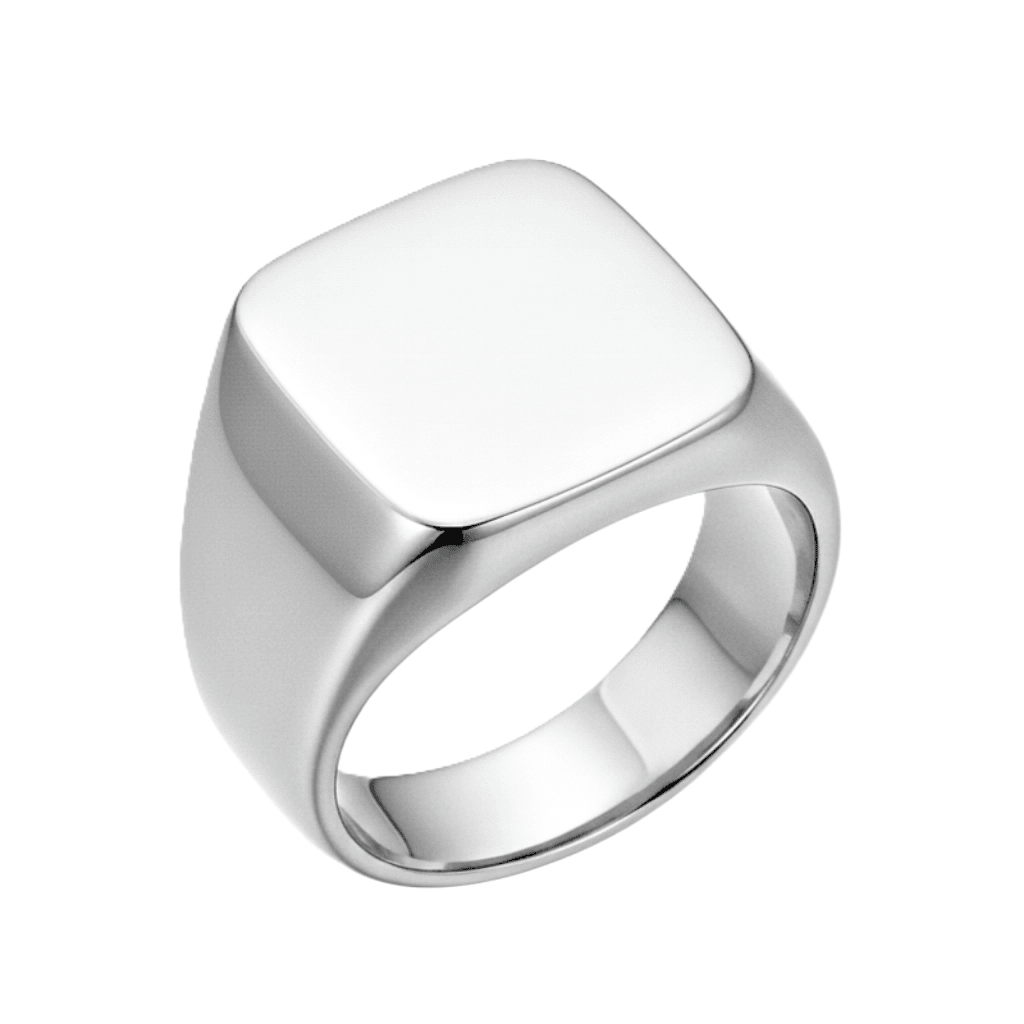 mens silver signet ring on white background