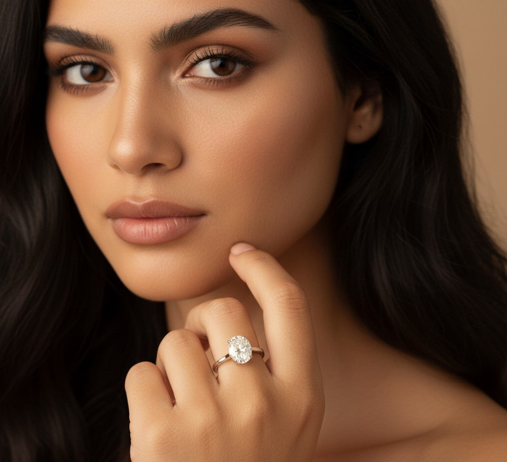 Oval cut VVS1 D colour moissanite ring on a European model's hand