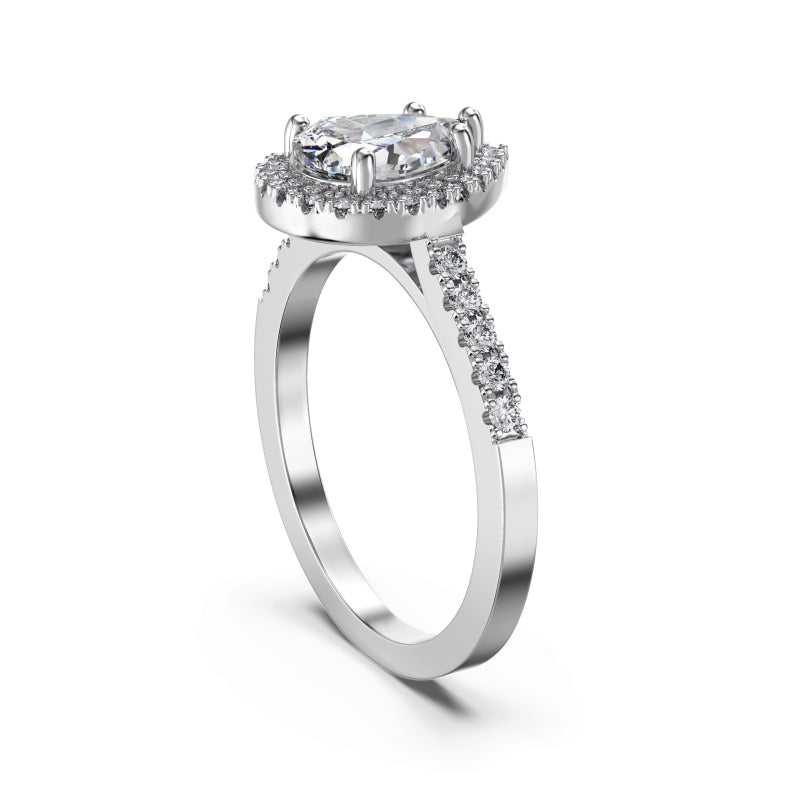 pear halo ring with cz side stones standing up flat