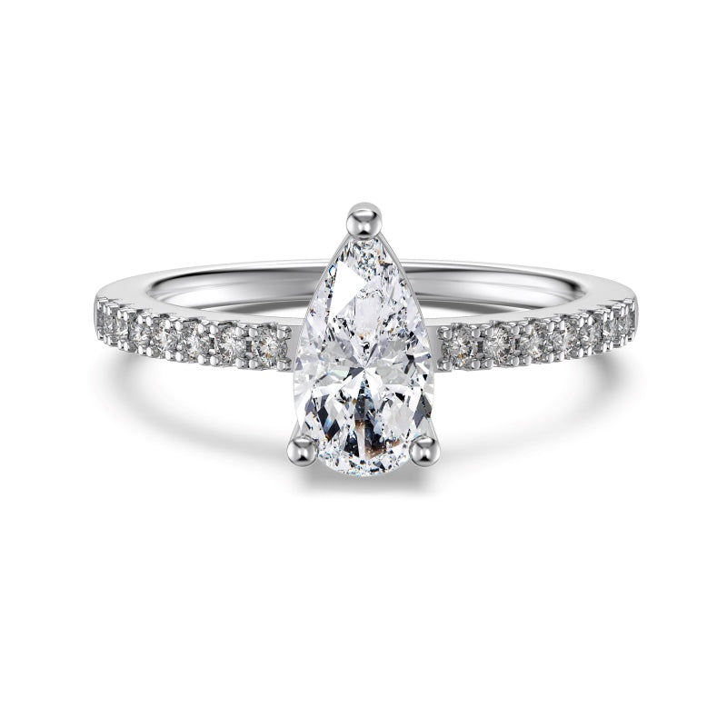 pear ring in silver on half pave band with a slim centre stone