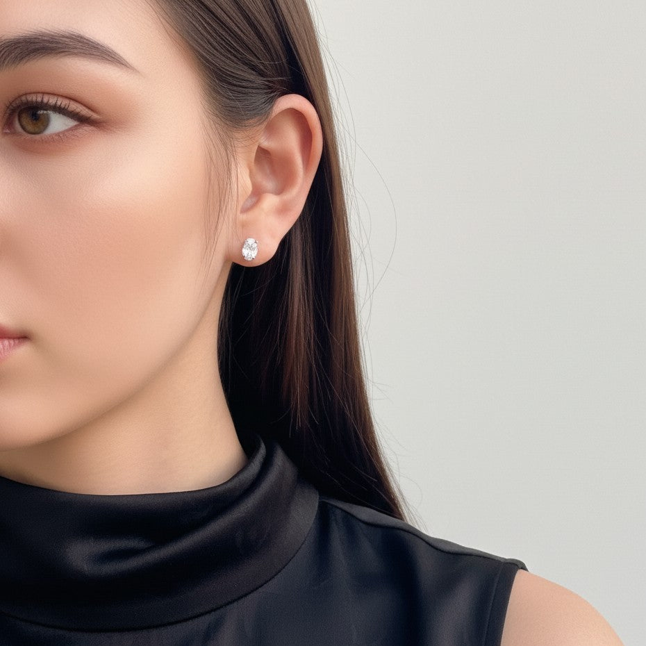 cubic zirconia oval cut silver stud earrings