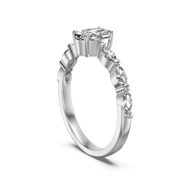 oval fake engagement ring in silver on marquise floating band on white background