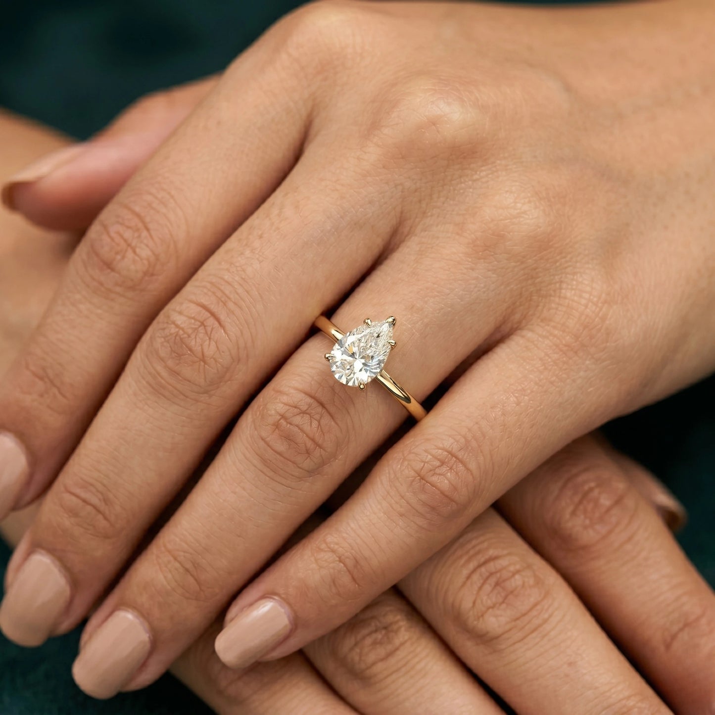 Pear cut lab grown diamond engagement ring in 18k solid gold