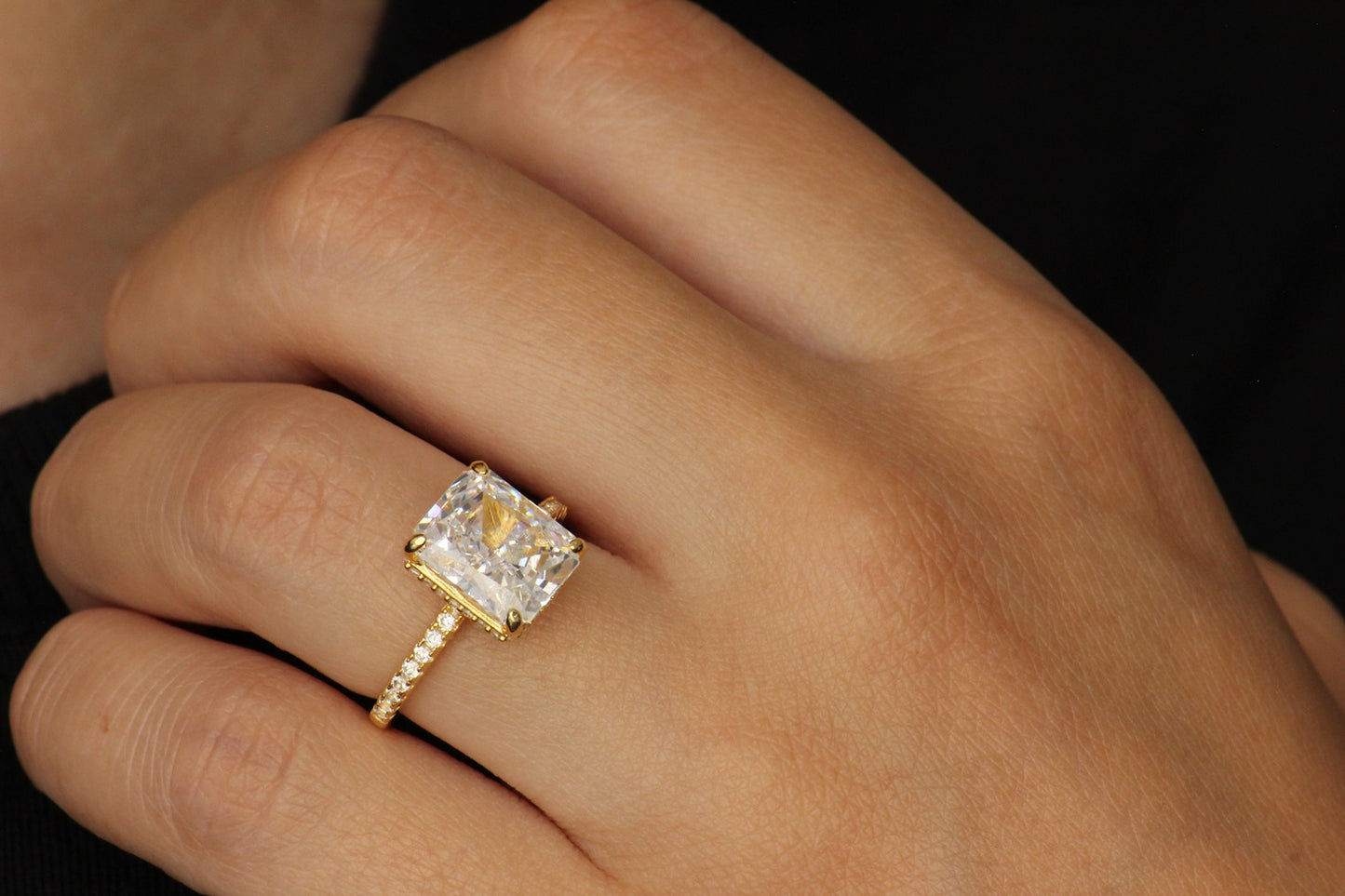 radiant cut gold ring with cz stones on band