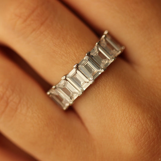 Rectangle silver stacker ring on hand