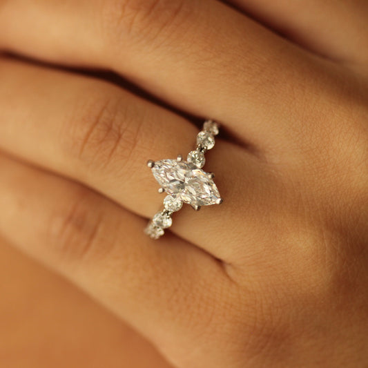 silver marquise cubic zirconia ring with floating band on hand