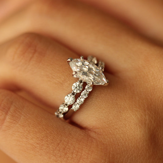 silver marquise cubic zirconia ring with floating band on hand