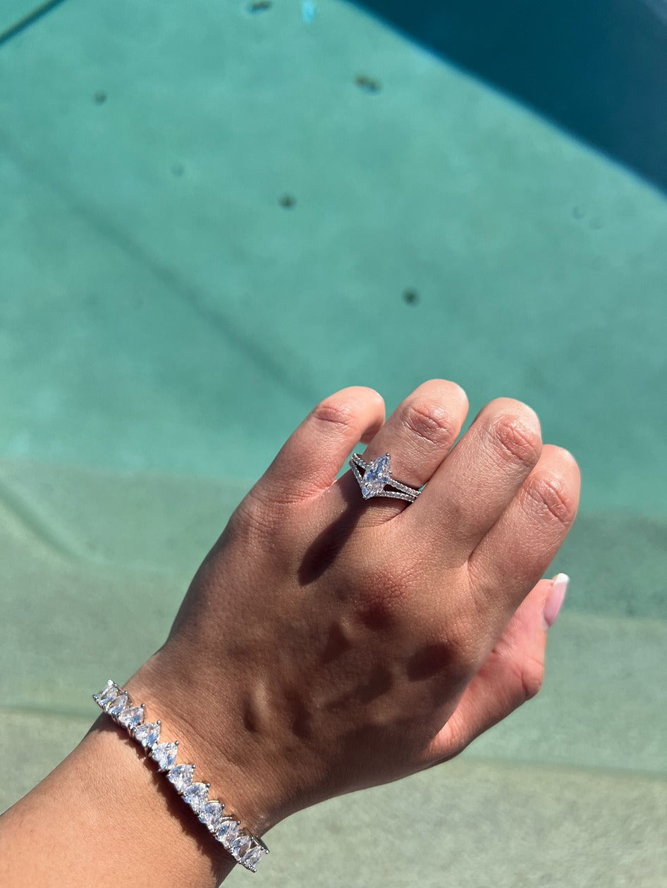 silver marquise ring with wishbone stacker ring