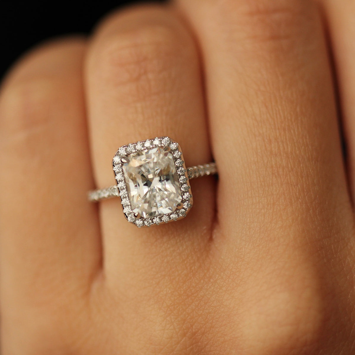 Radiant cut halo moissanite ring in silver