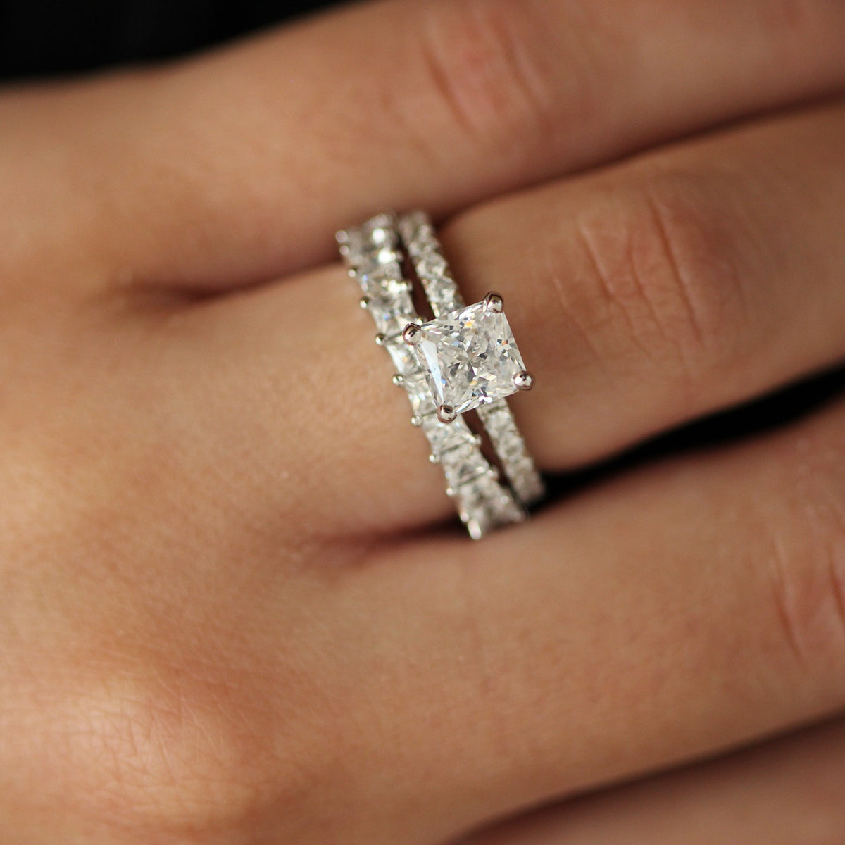 1.5ct princess cut ring with cubic zirconia eternity band on hand