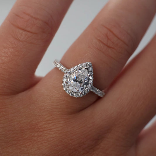 1 carat pear-shaped cubic zirconia halo ring in sterling silver