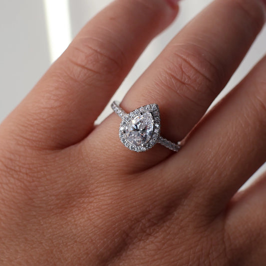 1 carat pear shaped cubic zirconia halo ring in silver