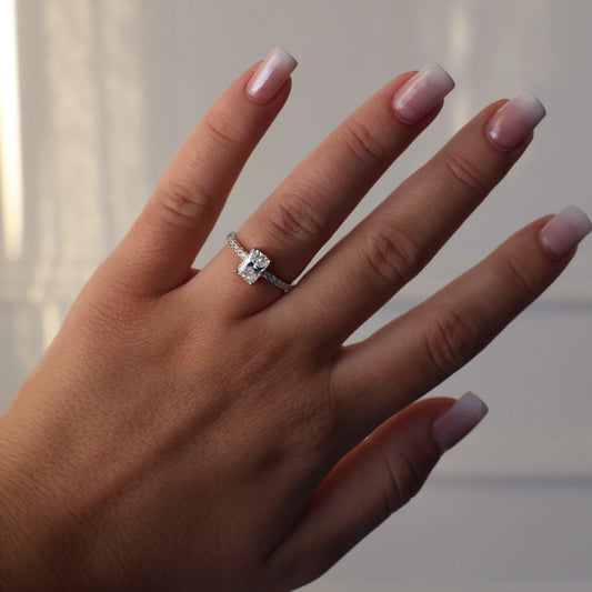1 carat radiant moissanite silver ring with pavé band