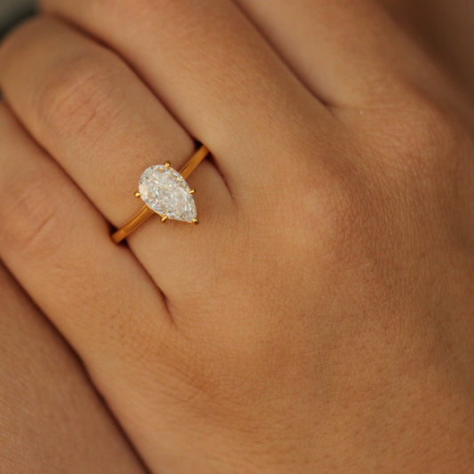 1.75 carat CZ pear shaped solitaire ring with 18k gold plating