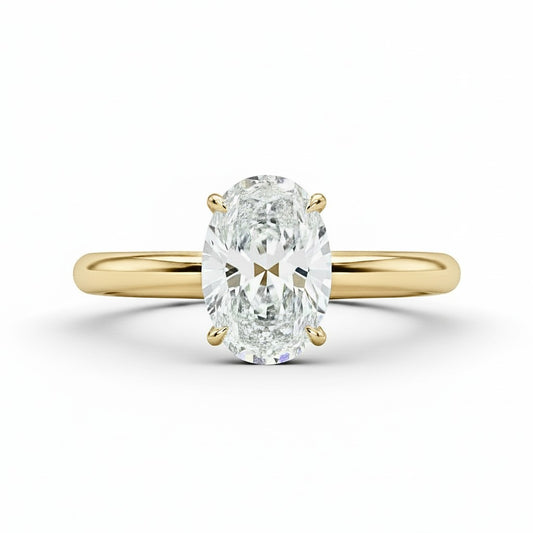 2 carat oval solitaire moissanite ring in 14K gold filled setting on white background