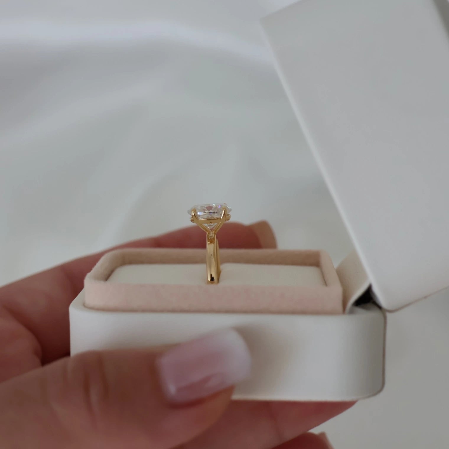 14k gold filled solitaire ring with 2 carat oval moissanite displayed proposal box