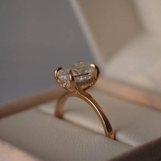 14K gold filled 4 carat oval hidden halo moissanite ring in a proposal box