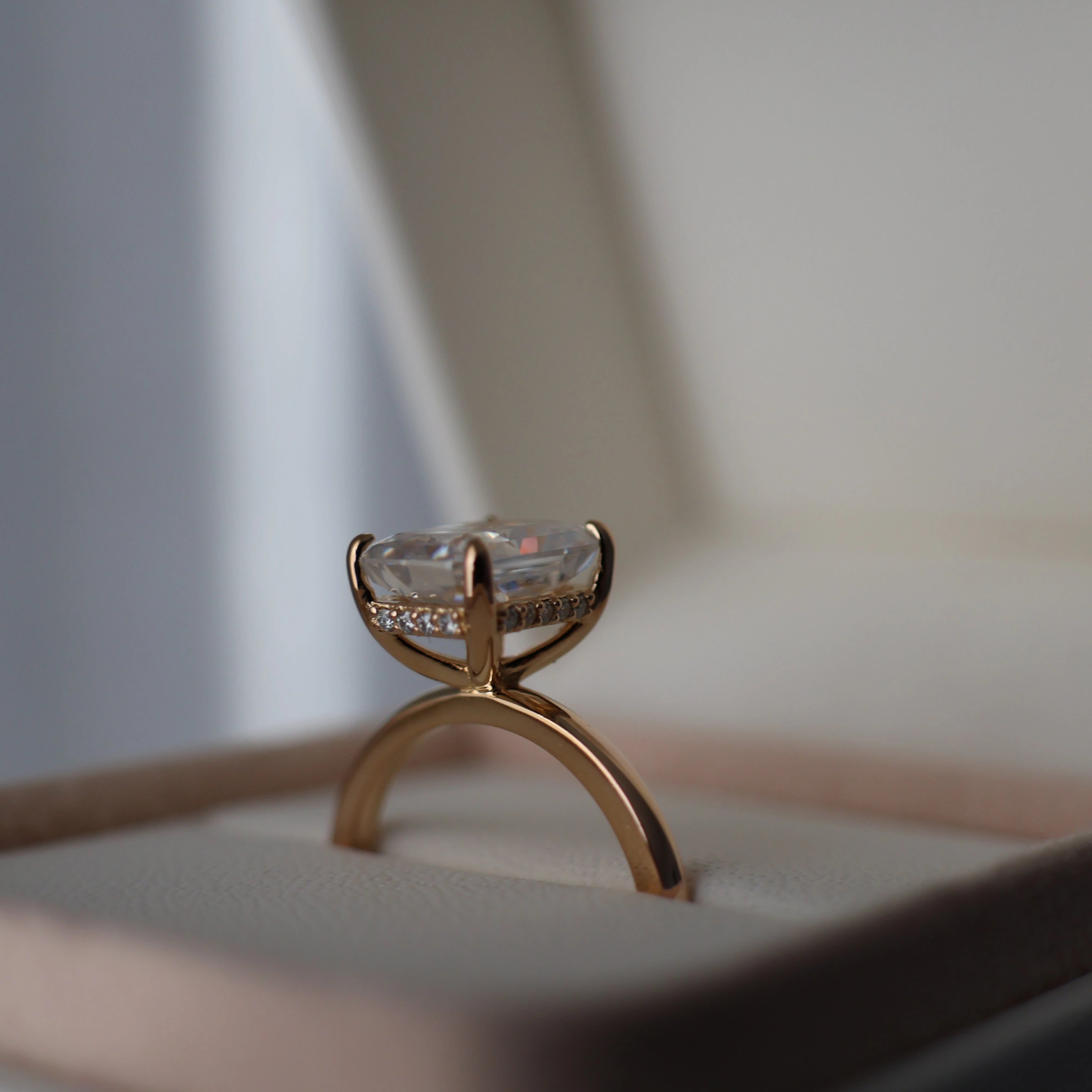 14k gold filled radiant cut moissanite solitaire ring with hidden halo
