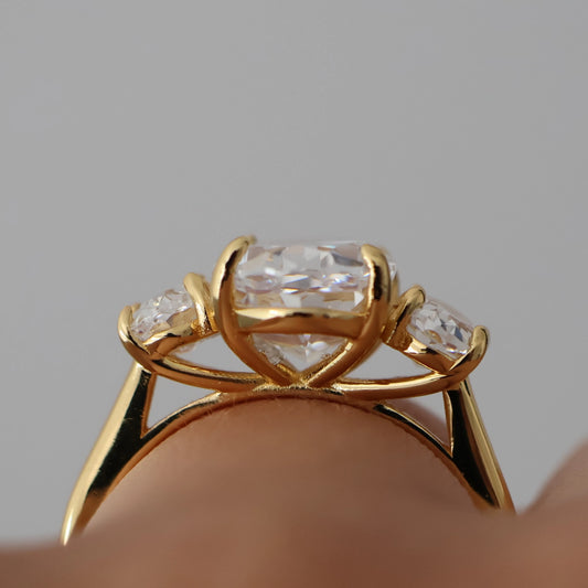 14k gold plated 3.5 ct cubic zirconia oval trilogy ring
