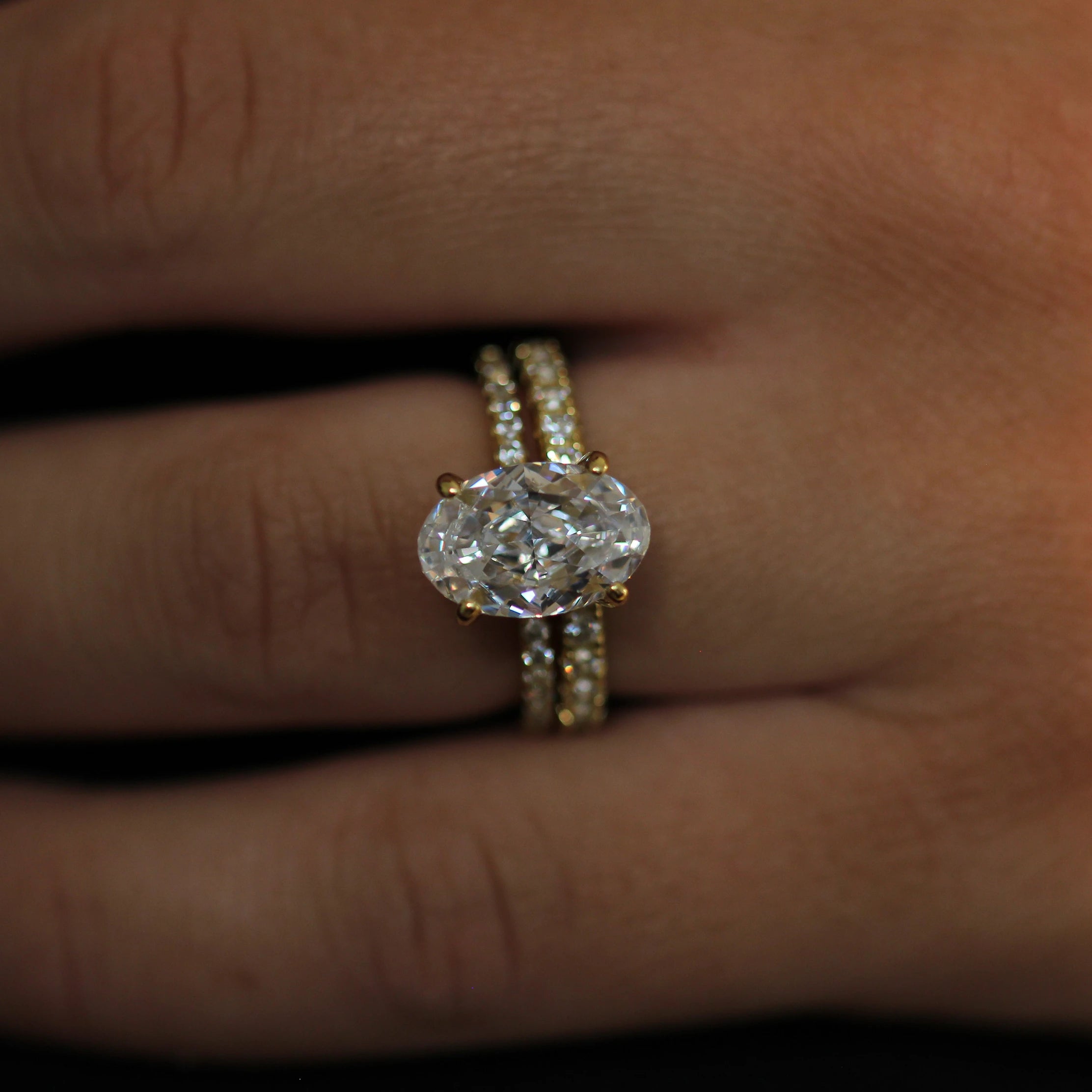 14K gold plated oval crushed ice engagement ring with pave band