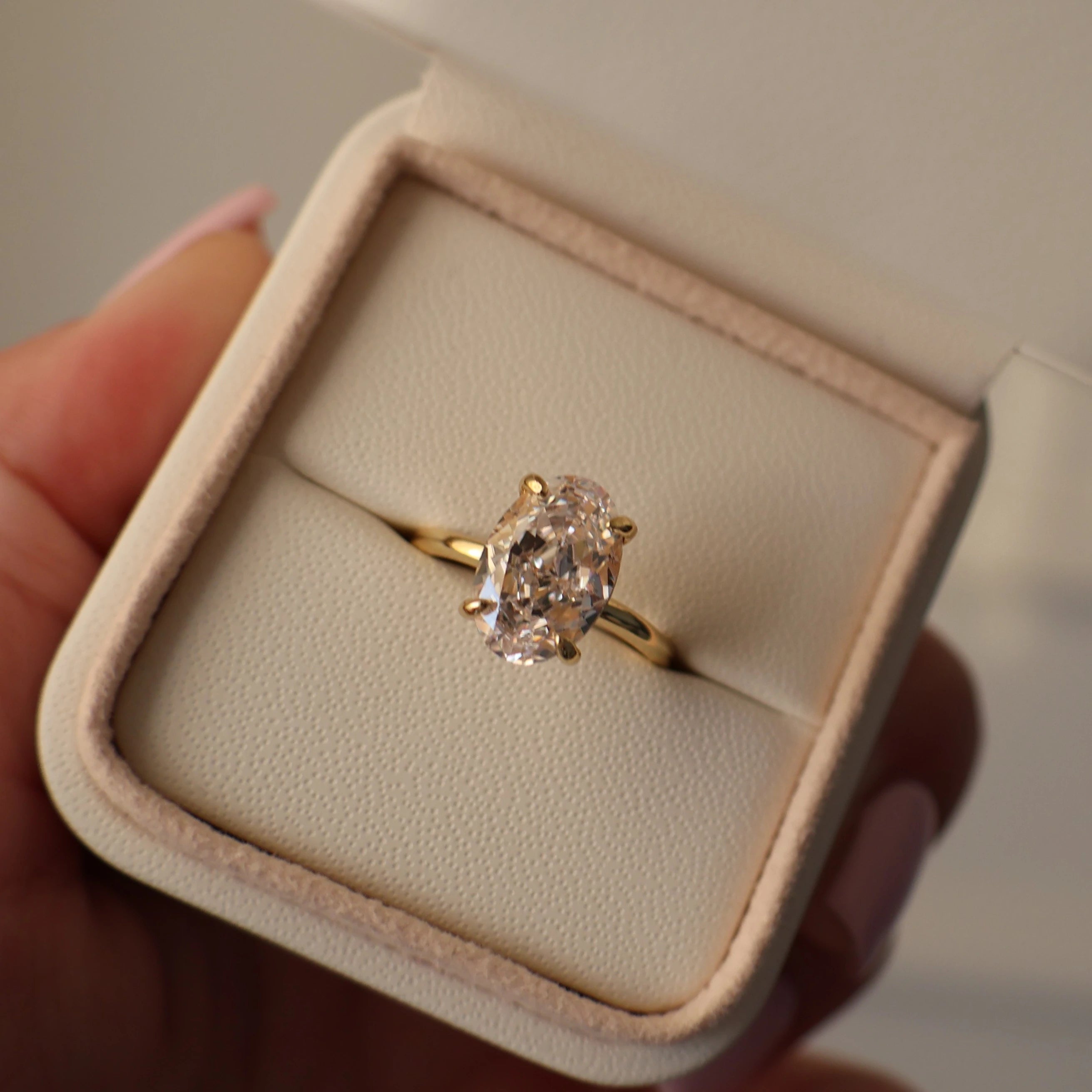 18K gold plated 3.5 carat oval solitaire ring in a proposal box