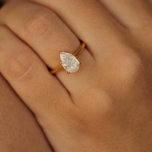 1.75 carat pear-shaped CZ solitaire ring with 18k gold plating