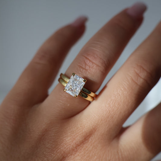 18k gold plated wedding band stacked with radiaint cut ring
