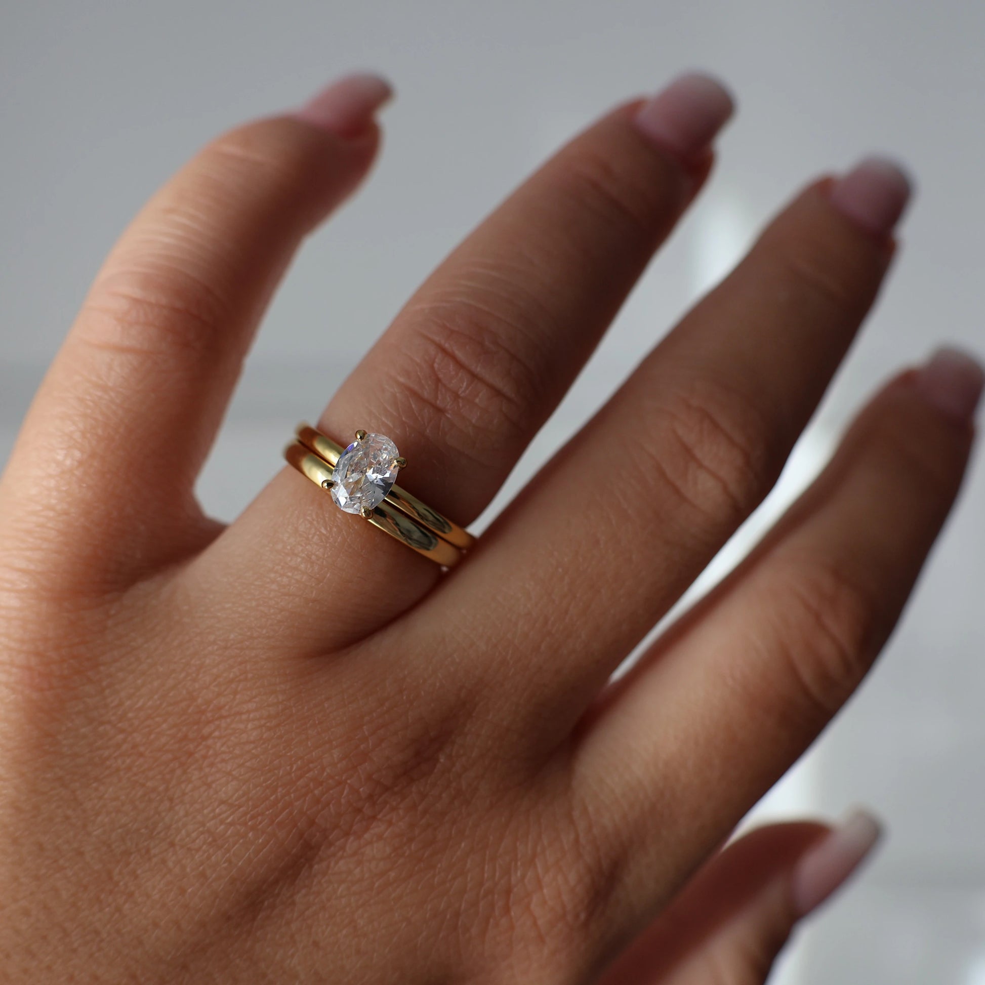 1 carat oval solitaire CZ ring with 18k gold plated band