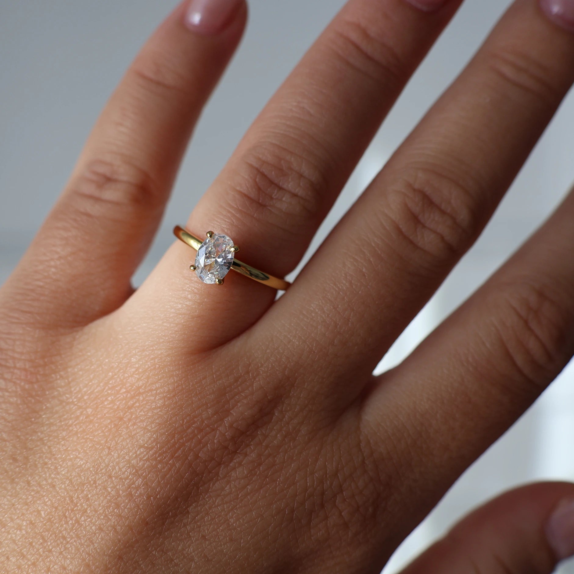 Close up of 1 ct oval solitaire CZ ring in 18k gold plated