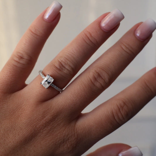 1ct radiant moissanite silver ring with pavé band