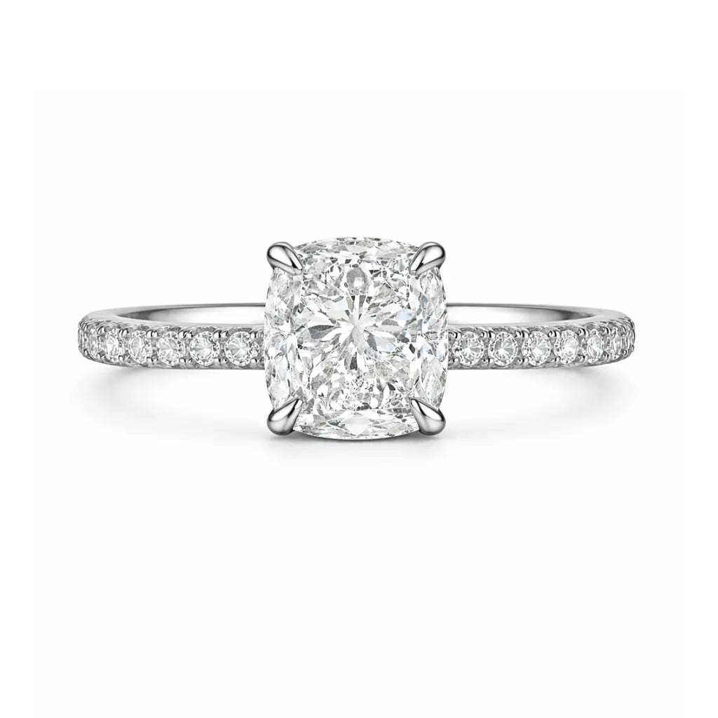 2 carat cushion cut moissanite engagement ring with pavé band