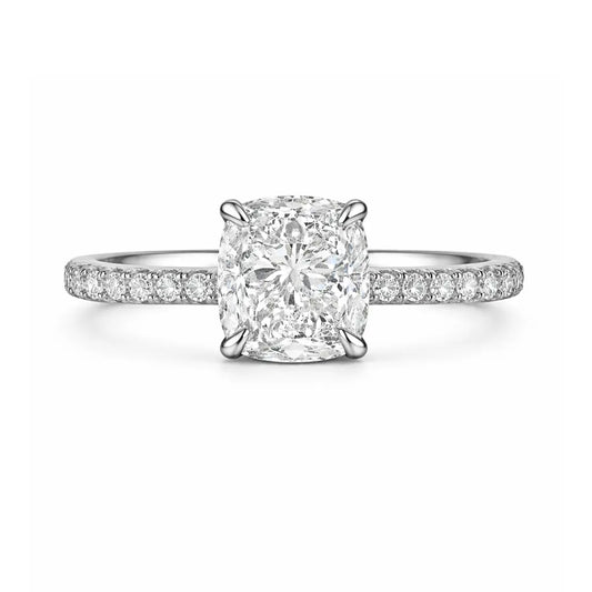 2 carat cushion cut moissanite engagement ring with pavé band