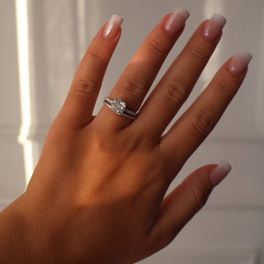 2 carat cushion moissanite ring with pave band