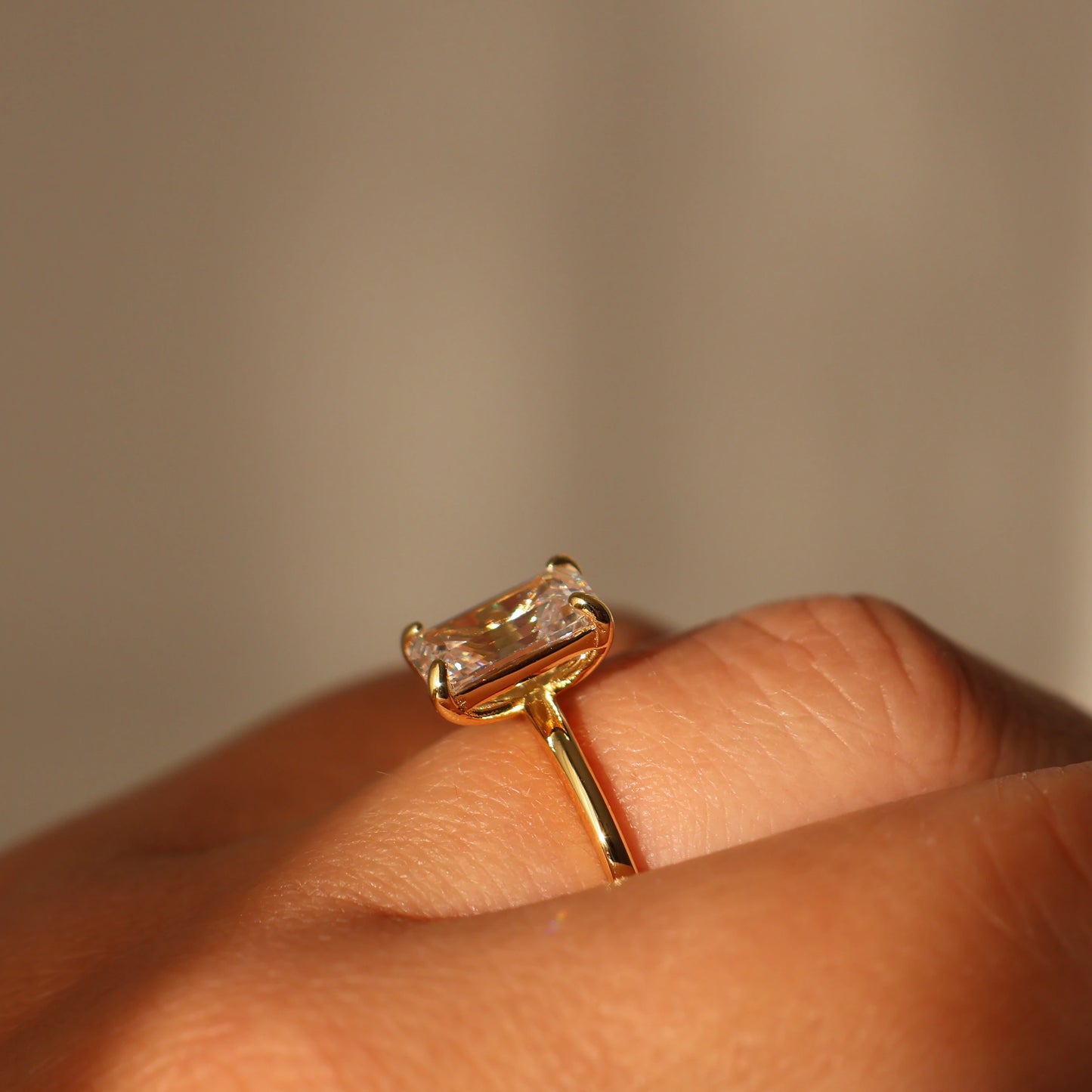 2 carat CZ emerald cut gold plated ring side view