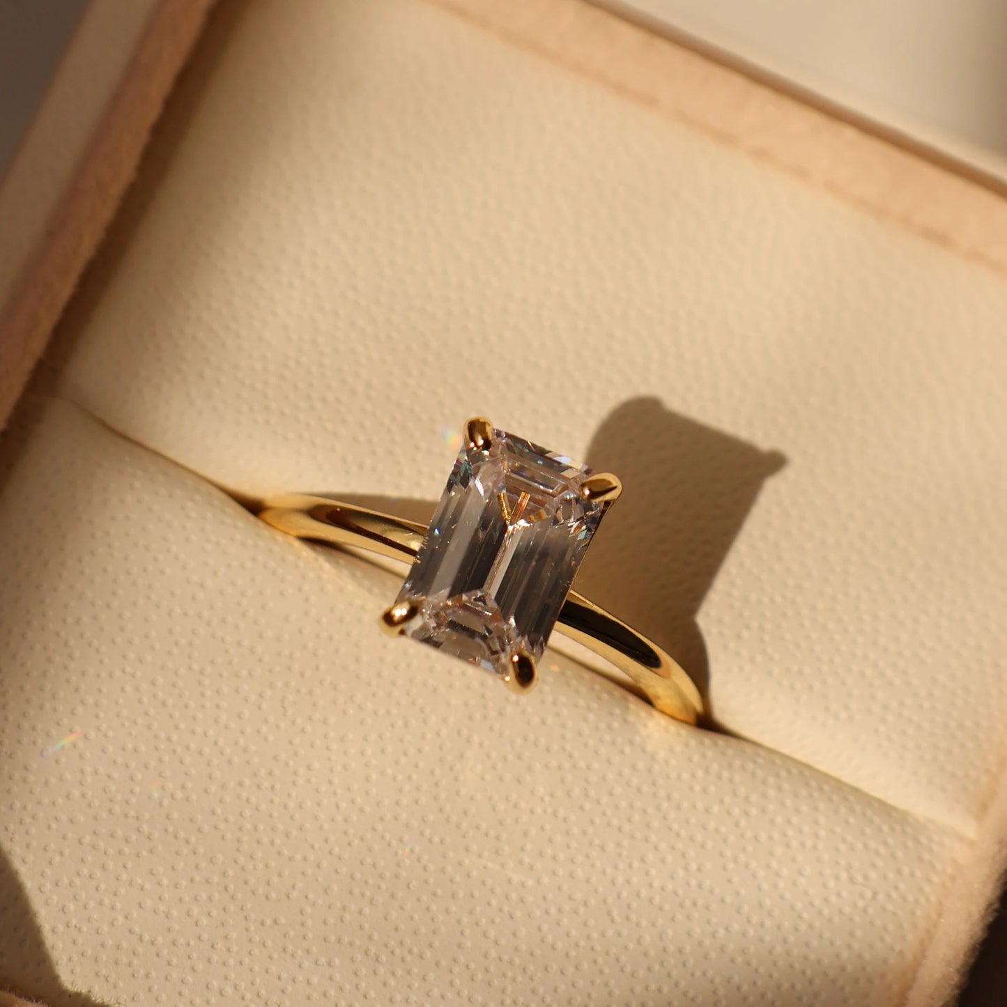 2 carat emerald cut 14k gold plated cubic zirconia ring in proposal box