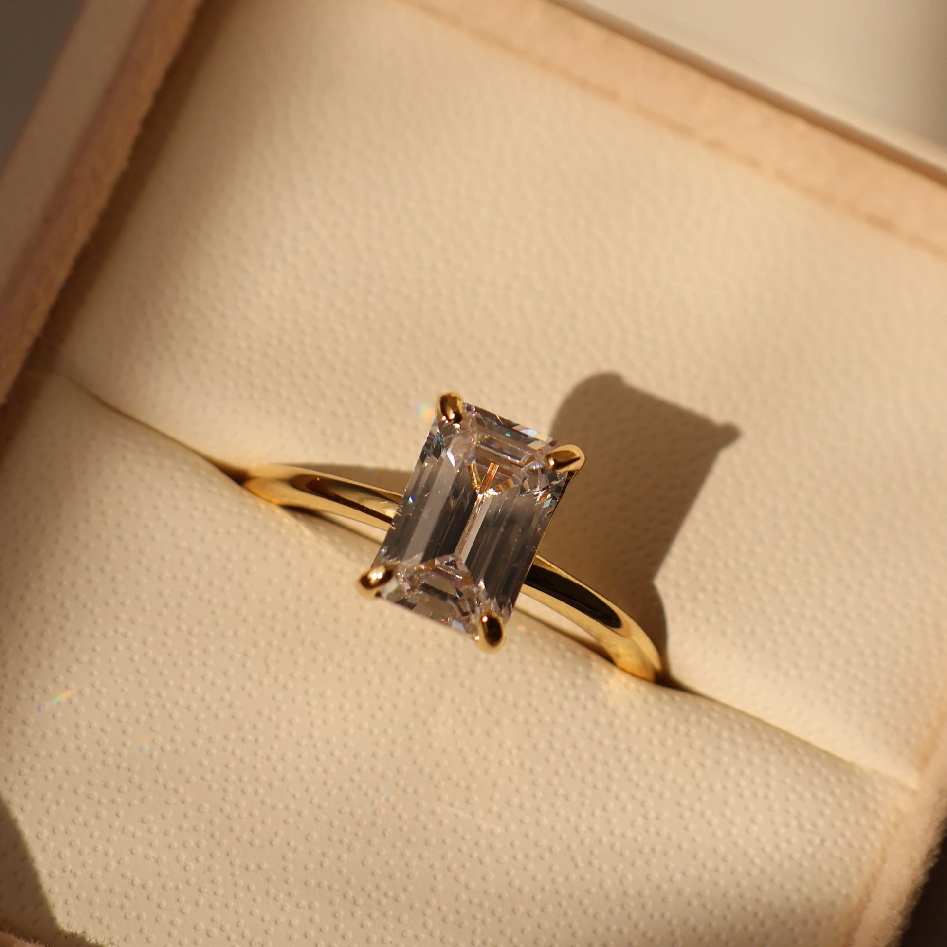 2 carat emerald cut 14k gold plated cubic zirconia ring in proposal box