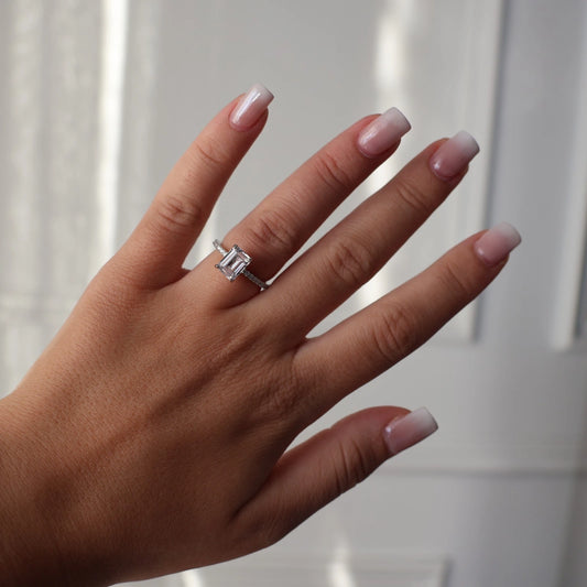 2 carat emerald cut CZ engagement ring in pave setting