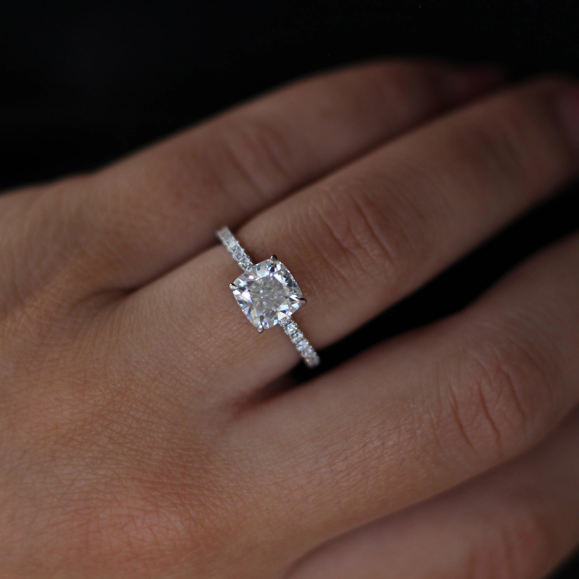 2 carat cushion pavé moissanite ring in silver