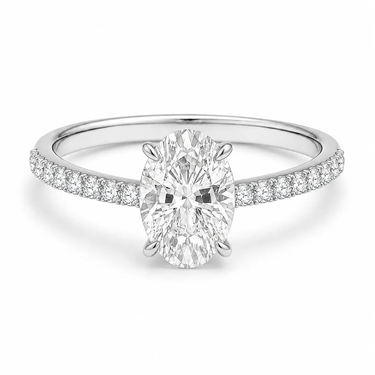 2 carat oval cubic zirconia engagement ring with pavé band in silver setting