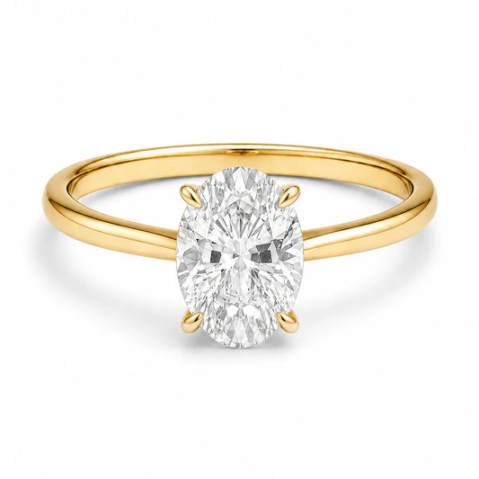 18k gold plated solitaire ring featuring a 2 carat oval cubic zirconia stone