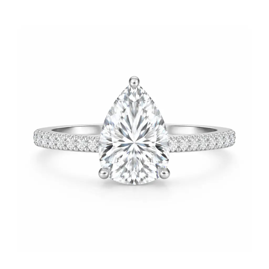 2 carat pear moissanite engagement ring with pavé band