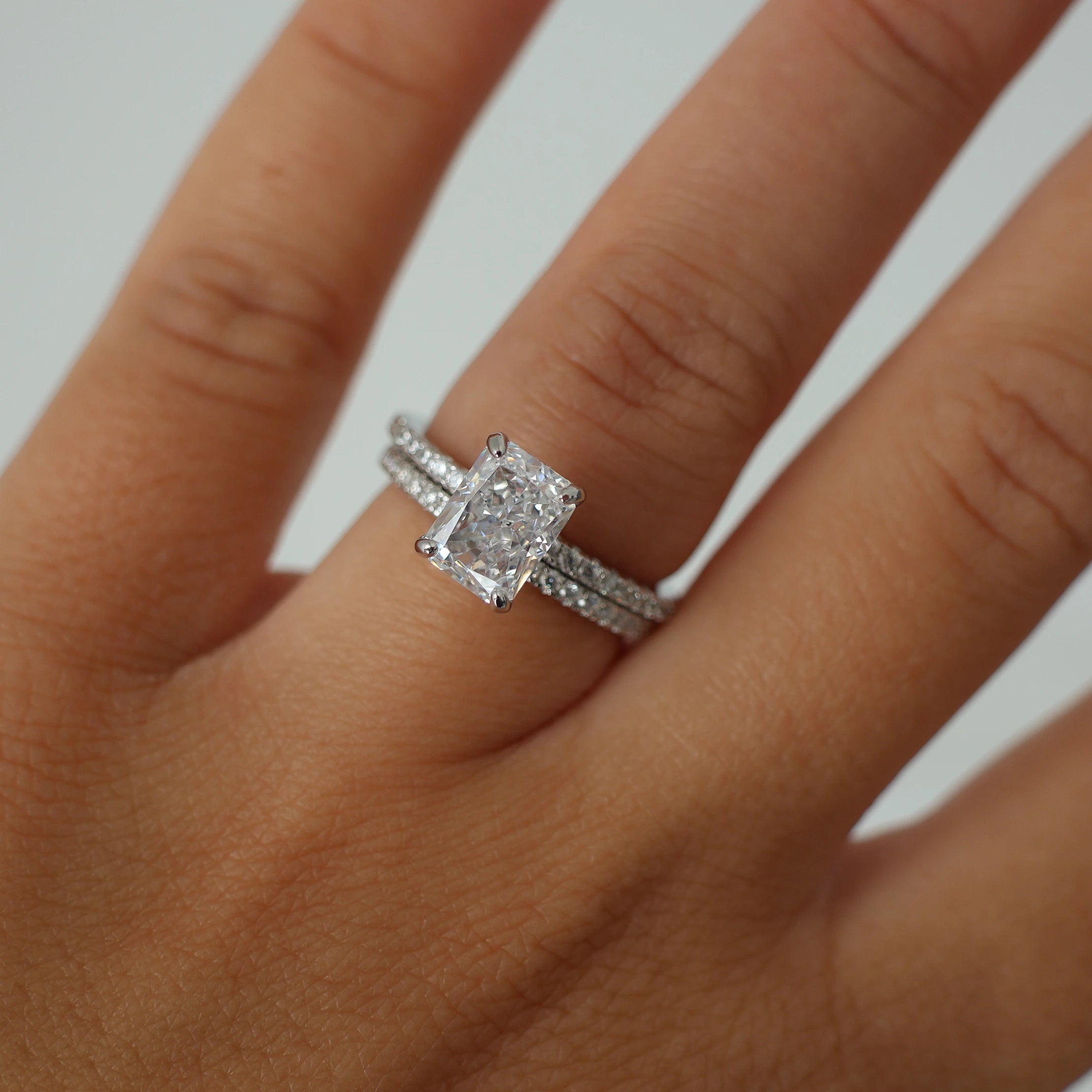 2 carat radiant cut cubic zirconia silver pavé engagement ring