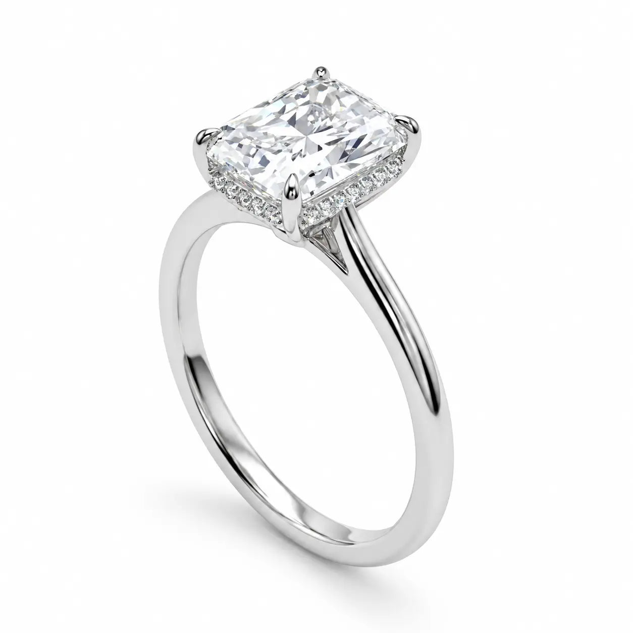 2 carat radiant cut moissanite engagement ring with hidden halo in silver