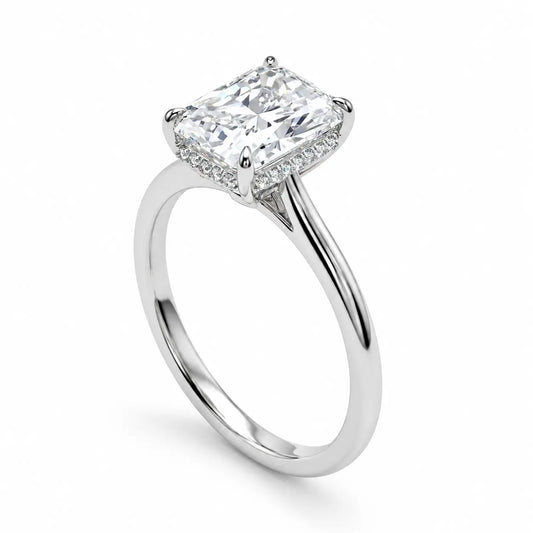 2 carat radiant cut moissanite engagement ring with hidden halo in silver