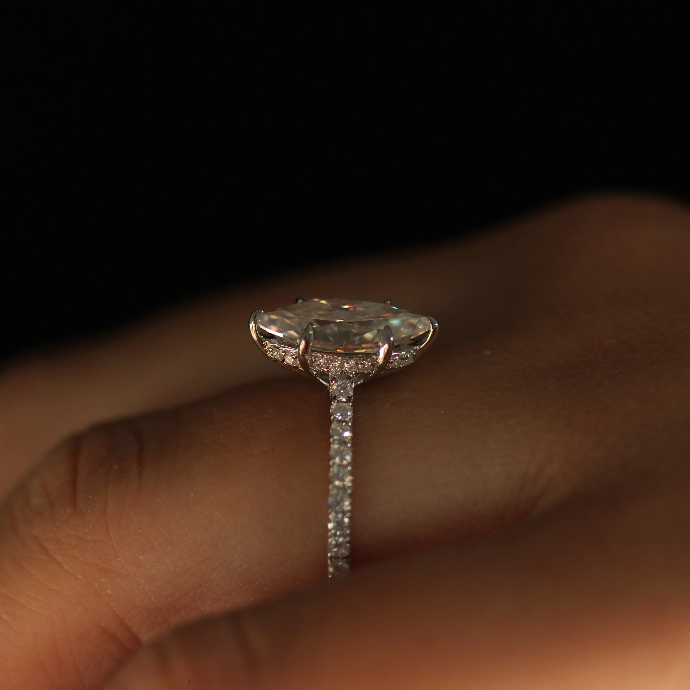 2 ct marquise silver moissanite ring with hidden halo and pave band