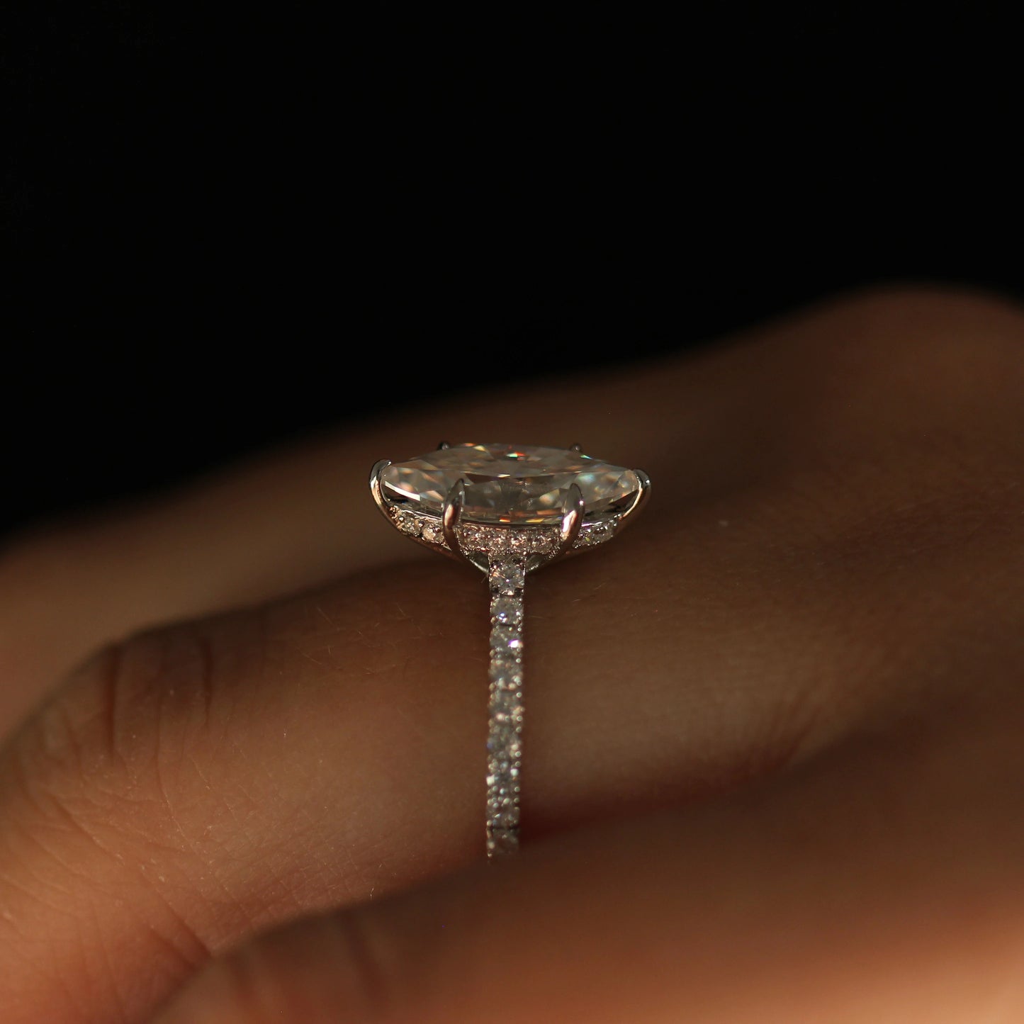 2 ct marquise silver moissanite ring with hidden halo and pave band